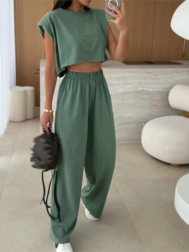 Модный однотонный комплект для женщин, повседневные топы без рукавов с круглым вырезом + широкие брюки с высокой талией, комплекты из 2 предметов, женская уличная одежда, женская одежда 
Модный однотонный комплект для женщин, повседневные топы без рукавов с круглым вырезом + широкие брюки с высокой талией, комплекты из 2 предметов, женская уличная одежда, женская одежда