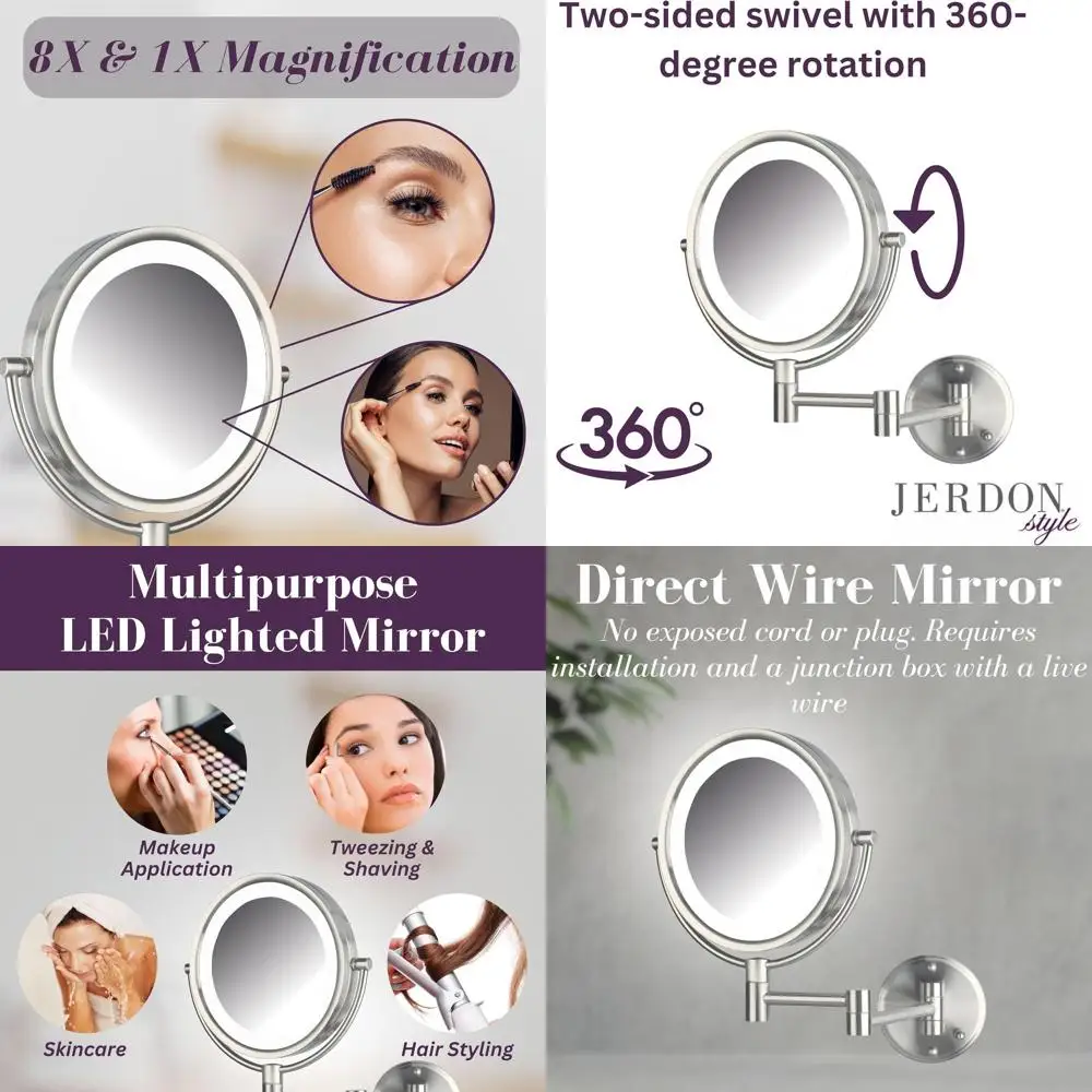 8X Magnifying Wall Vanity Mirror with Lights, Hard Wired, Nickel Finish
8X Magnifying Wall Vanity Mirror with Lights, Hard Wired, Nickel Finish