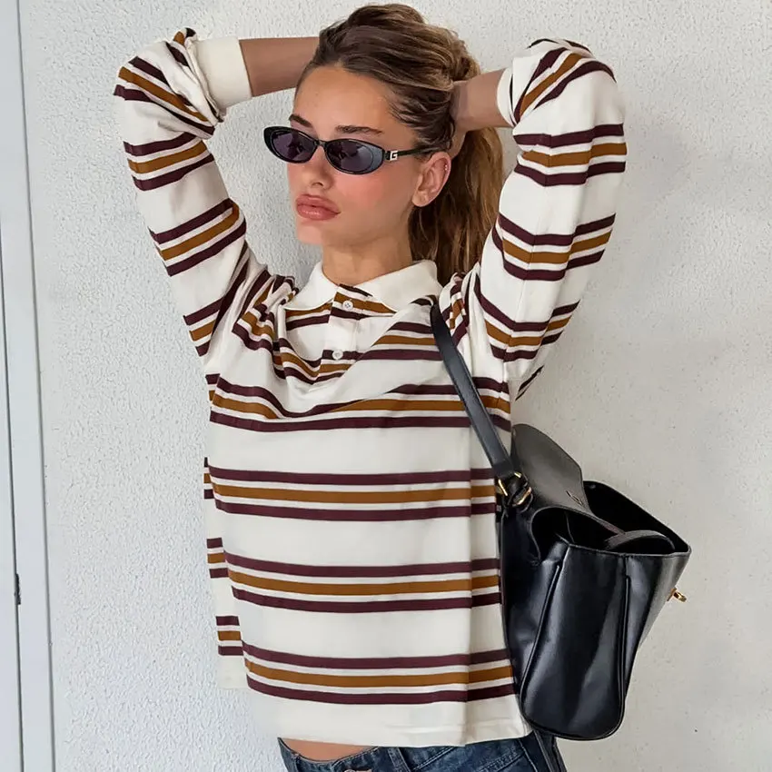 Spring Autumn Ladies Polo Shirts Woman Loog Sleeve Brown Striped Vintage Clothes Polo Shirts Mujer Streetwear Crop Tops Casual
Spring Autumn Ladies Polo Shirts Woman Loog Sleeve Brown Striped Vintage Clothes Polo Shirts Mujer Streetwear Crop Tops Casual