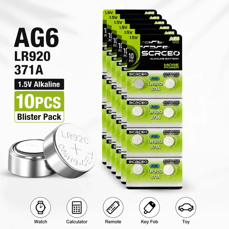 Alkaline Button Cell Battery AG6 LR920 SR920SW 371 1.55V Coin Battery for Watch Toy Calculator Replacement Pack
Alkaline Button Cell Battery AG6 LR920 SR920SW 371 1.55V Coin Battery for Watch Toy Calculator Replacement Pack