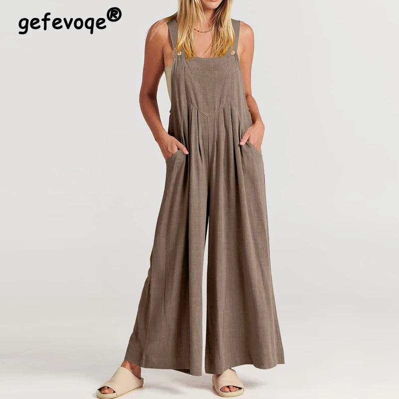 Women Vintage Solid Loose Pockets Cotton Linen Jumpsuits Outfit Summer Fashion Sleeveless Straight Pleated Overalls Rompers Ropa
Women Vintage Solid Loose Pockets Cotton Linen Jumpsuits Outfit Summer Fashion Sleeveless Straight Pleated Overalls Rompers Ropa