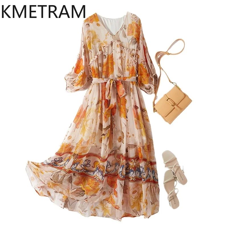 KMETRAM 100% Mulberry Silk Summer Dresses for Women Elegant Floral Long Dress V-Neck Belted Frocks Woman Clothing 2026 vestido
KMETRAM 100% Mulberry Silk Summer Dresses for Women Elegant Floral Long Dress V-Neck Belted Frocks Woman Clothing 2026 vestido