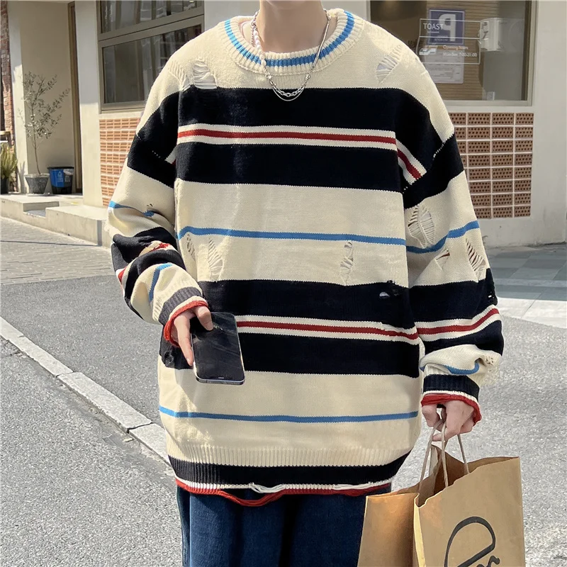Ruffian handsome striped tattered knitwear men's Korean version trend loose small crowd high street hip-hop couple round neck
Ruffian handsome striped tattered knitwear men's Korean version trend loose small crowd high street hip-hop couple round neck