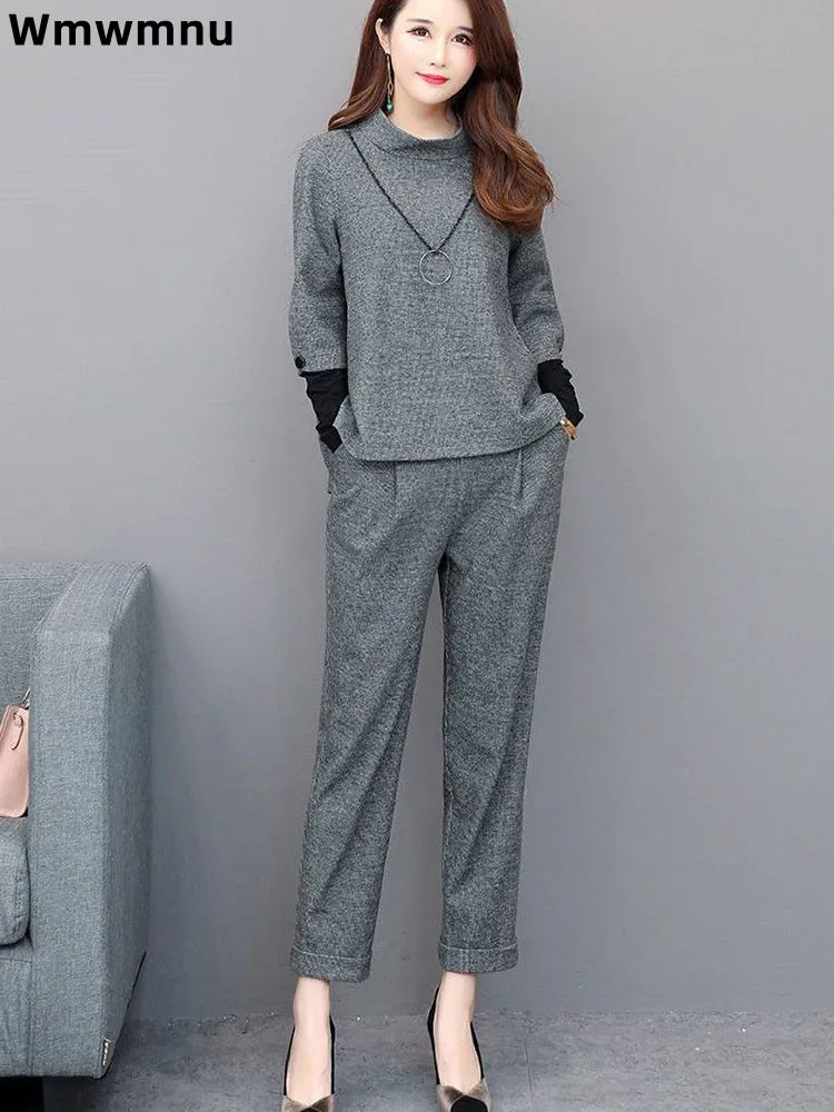 Женский повседневный мешковатый костюм, модный свободный эластичный воротник-стойка, свободные корейские элегантные прямые брюки Conjuntos, комплект из 2 предметов 
Женский повседневный мешковатый костюм, модный свободный эластичный воротник-стойка, свободные корейские элегантные прямые брюки Conjuntos, комплект из 2 предметов