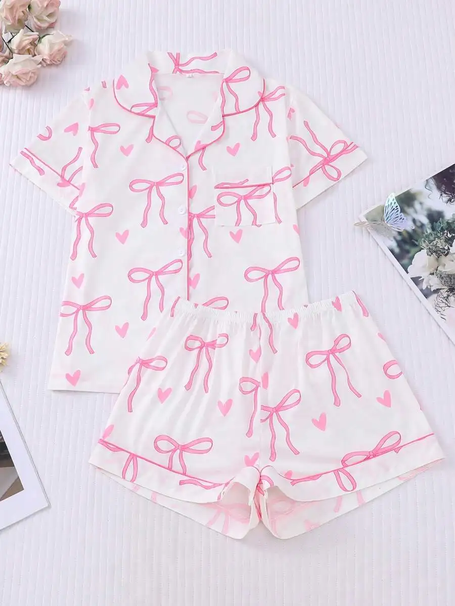 Womens Bow Print Short Sleeve Button Up Pajama Set With Elastic Waist Shorts
Womens Bow Print Short Sleeve Button Up Pajama Set With Elastic Waist Shorts