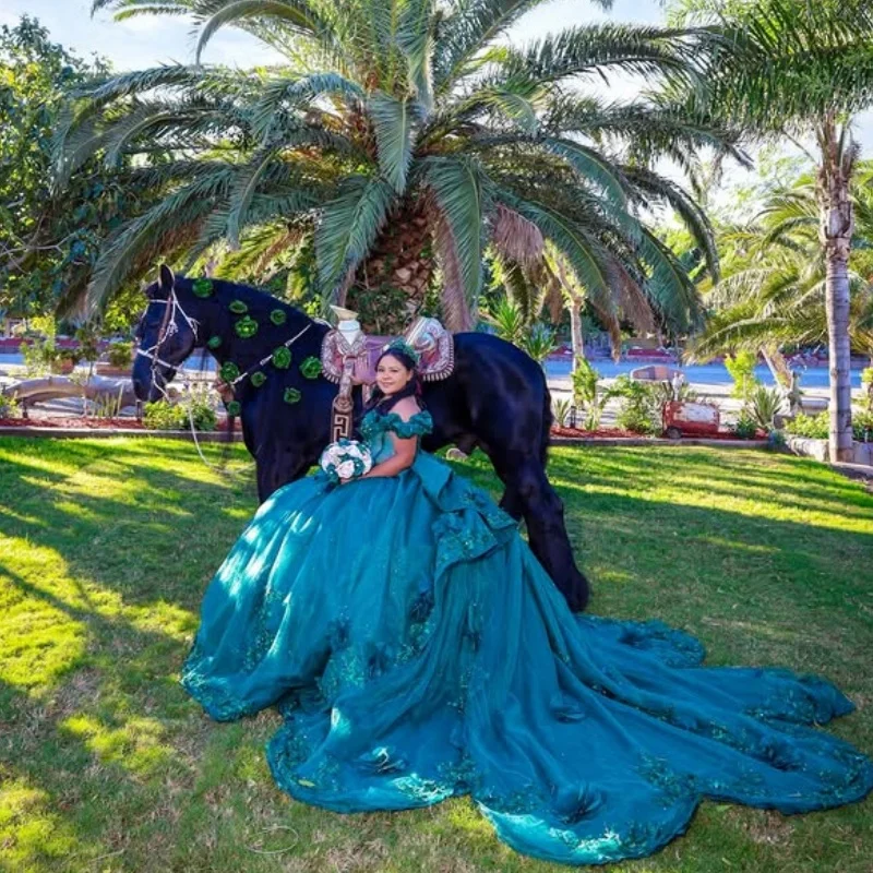 Dark Green Quinceanera Dress off-shoulder Crystal Glitter Decal Long tail 3D Flower Vestidos De 15 Quinceanera Customize
Dark Green Quinceanera Dress off-shoulder Crystal Glitter Decal Long tail 3D Flower Vestidos De 15 Quinceanera Customize