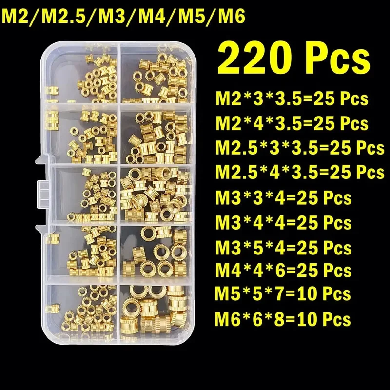 80/220PCS Brass Heat Set Inserts Assortment Kit M2 M2.5 M3 M4 M5 M6 Threaded Inserts for 3D Printer Parts Heat Melt Insert Nuts
80/220PCS Brass Heat Set Inserts Assortment Kit M2 M2.5 M3 M4 M5 M6 Threaded Inserts for 3D Printer Parts Heat Melt Insert Nuts