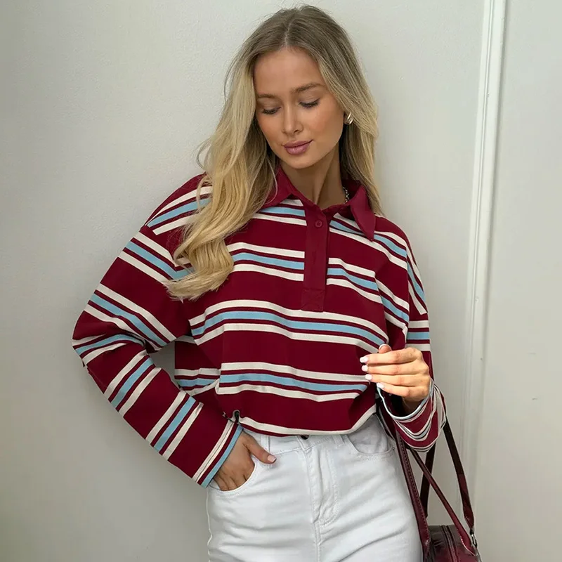 Tornova Повседневная полосатая футболка с длинным рукавом и воротником-поло, свободный женский топ, пуловер, модная футболка с принтом в стиле ретро, женская осенняя новинка
Tornova Повседневная полосатая футболка с длинным рукавом и воротником-поло, свободный женский топ, пуловер, модная футболка с принтом в стиле ретро, женская осенняя новинка