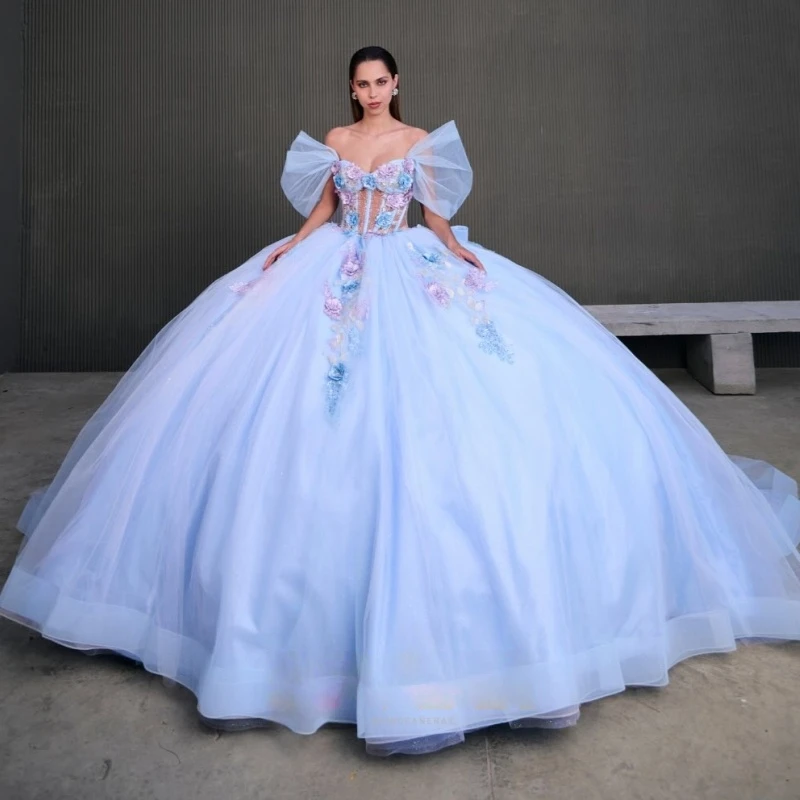 Sky Blue Shiny Quinceanera Dresses Ball Gown Off The Shoulder Applique Lace Beads Bow Tull Sweet 16 Dress Vestidos 15 De Anos
Sky Blue Shiny Quinceanera Dresses Ball Gown Off The Shoulder Applique Lace Beads Bow Tull Sweet 16 Dress Vestidos 15 De Anos