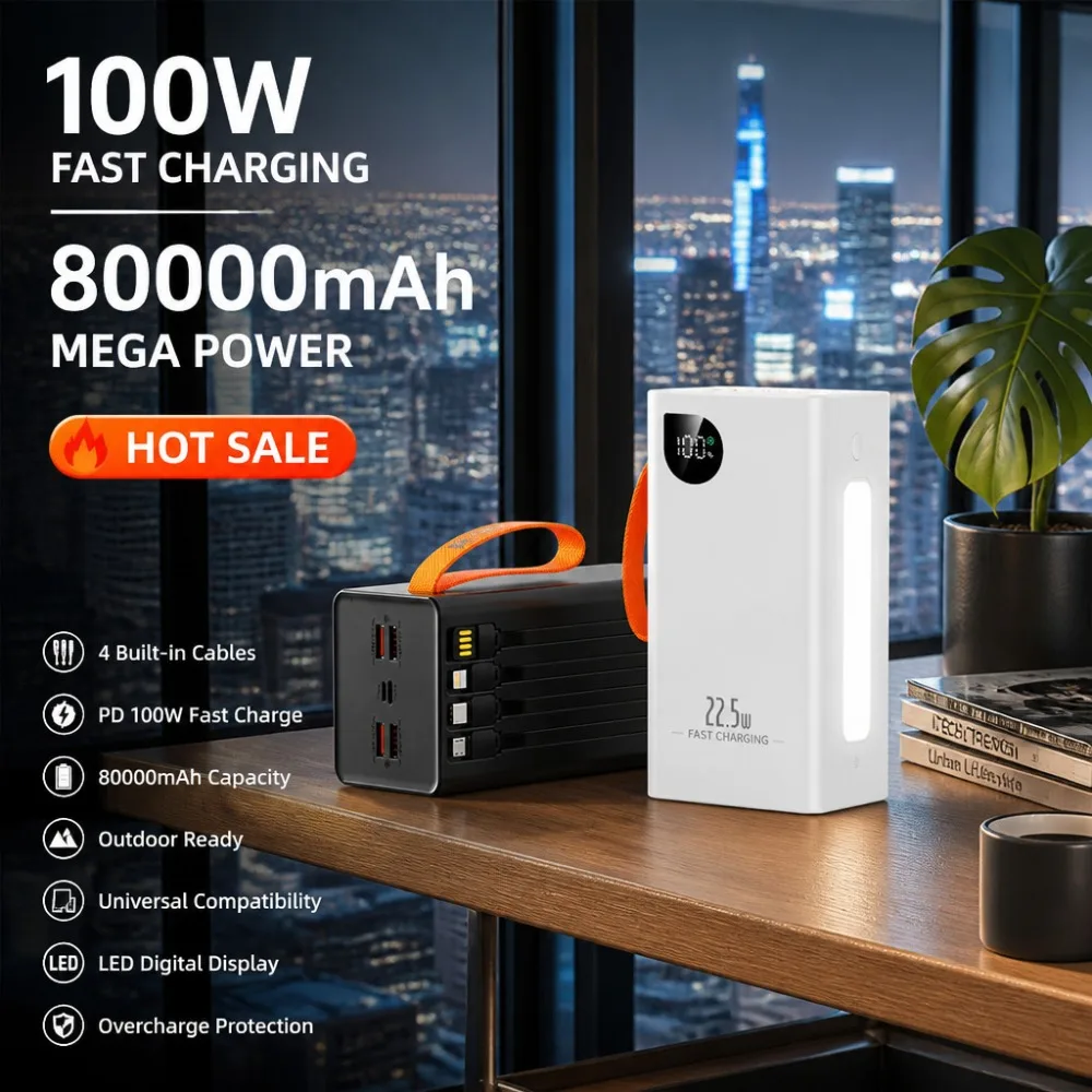 100W Fast Charging 80000mAh Power Bank Portable Outdoor Battery Pack USB-C Phone Charger with 4 Built-in Cables Travel Camping
100W Fast Charging 80000mAh Power Bank Portable Outdoor Battery Pack USB-C Phone Charger with 4 Built-in Cables Travel Camping