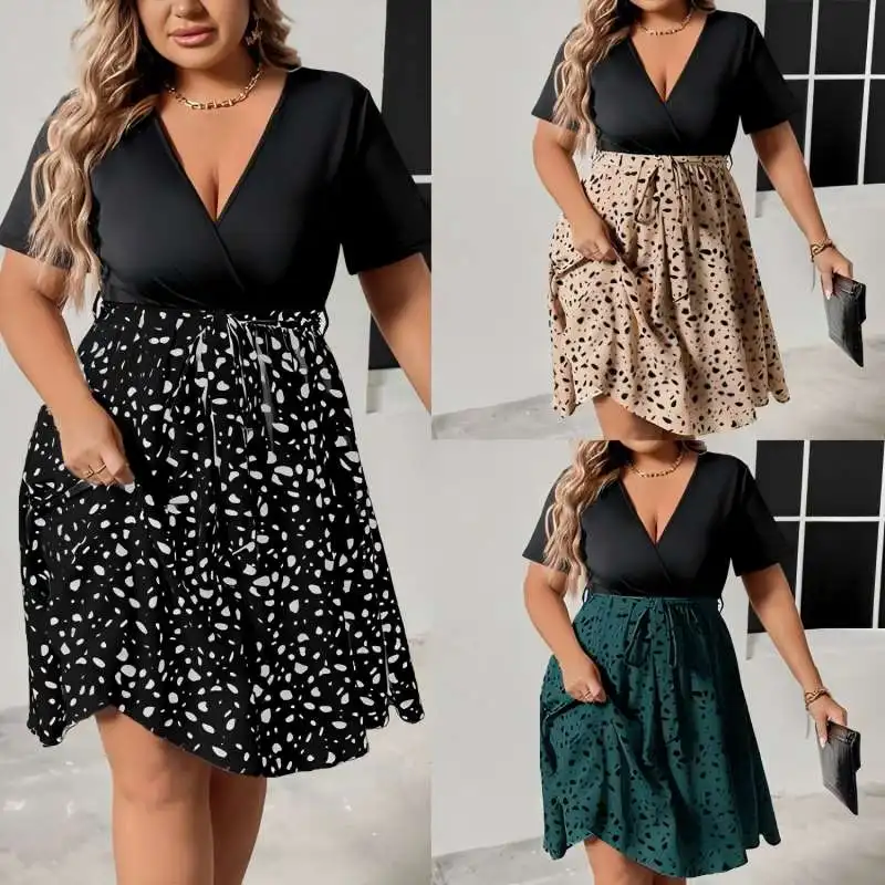 European American Plus Size Dress Female V Neck Spliced Bandage Ruched Summer Daily Sundress
European American Plus Size Dress Female V Neck Spliced Bandage Ruched Summer Daily Sundress