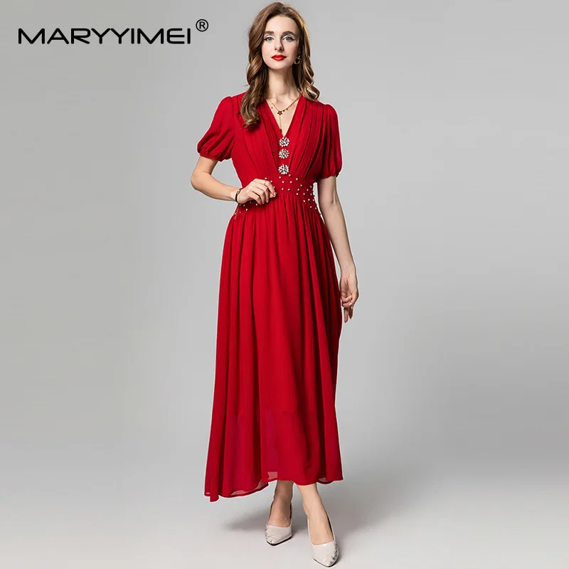 MARYYIMEI Solid Short Sleeve Folds Dress For Women V-Neck Crystal Beading High waist Elegant Party Ball Gown Dresses
MARYYIMEI Solid Short Sleeve Folds Dress For Women V-Neck Crystal Beading High waist Elegant Party Ball Gown Dresses