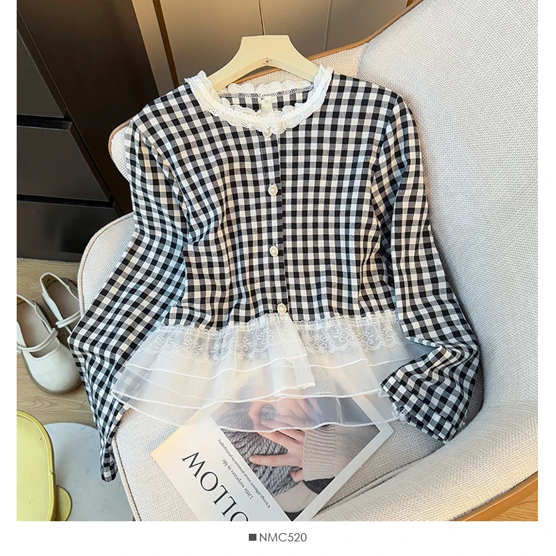 Осенняя кружевная лоскутная рубашка с длинными рукавами и контрастной клеткой с рюшами для женщин 
Осенняя кружевная лоскутная рубашка с длинными рукавами и контрастной клеткой с рюшами для женщин