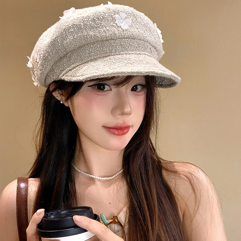 Корейская версия простой темпераментной кепки газетчика с цветочной звездой и анисом, женская весенне-осенняя мода, универсальный берет с короткими полями 
Корейская версия простой темпераментной кепки газетчика с цветочной звездой и анисом, женская весенне-осенняя мода, универсальный берет с короткими полями