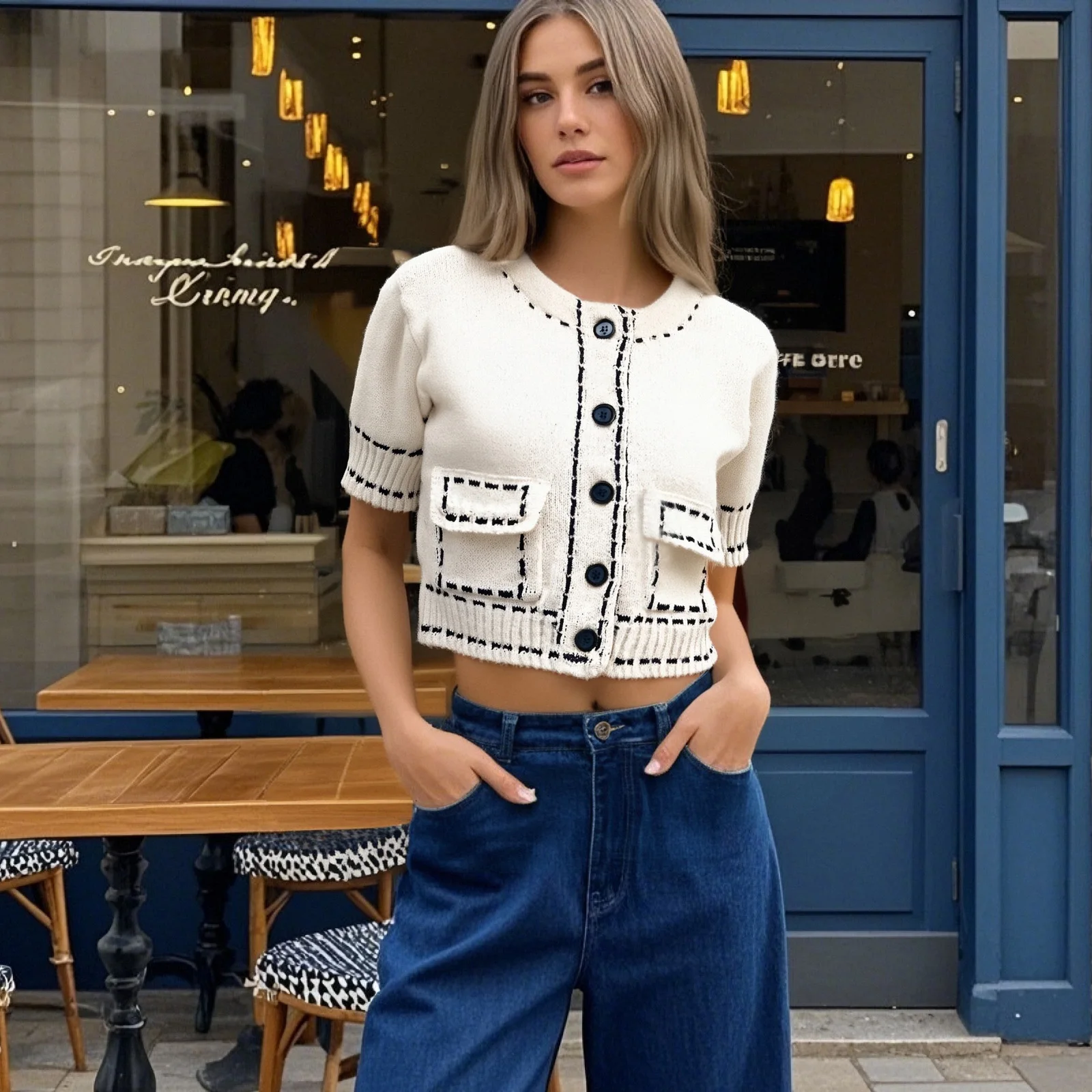 Новая летняя женская одежда контрастного цвета, креативный темперамент, вязаная куртка с круглым вырезом и короткими рукавами
Новая летняя женская одежда контрастного цвета, креативный темперамент, вязаная куртка с круглым вырезом и короткими рукавами