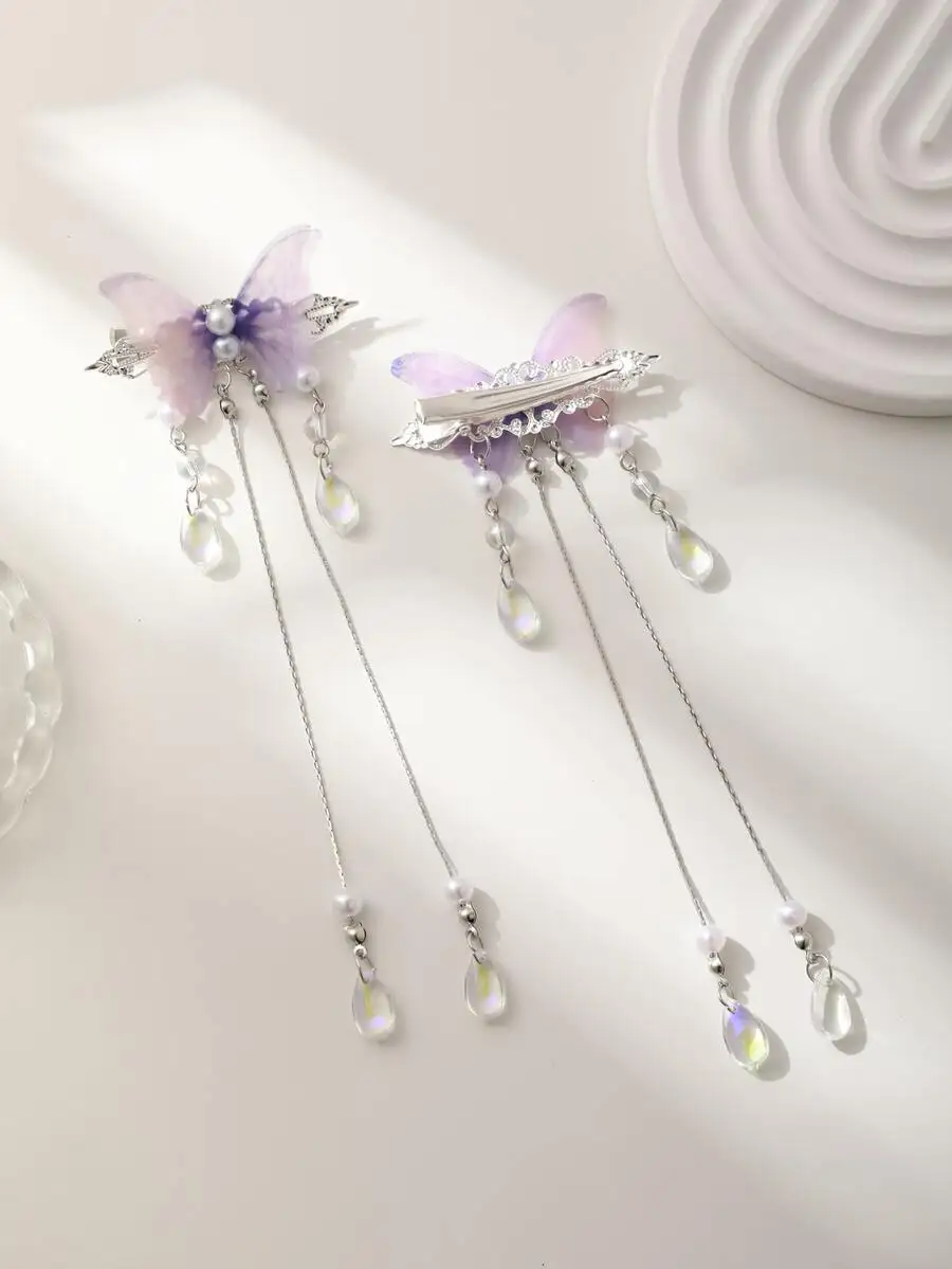 2pcs Chiffon Butterfly Hair Clips With Pearl And Waterdrop Tassels Elegant Barrettes For Women
2pcs Chiffon Butterfly Hair Clips With Pearl And Waterdrop Tassels Elegant Barrettes For Women