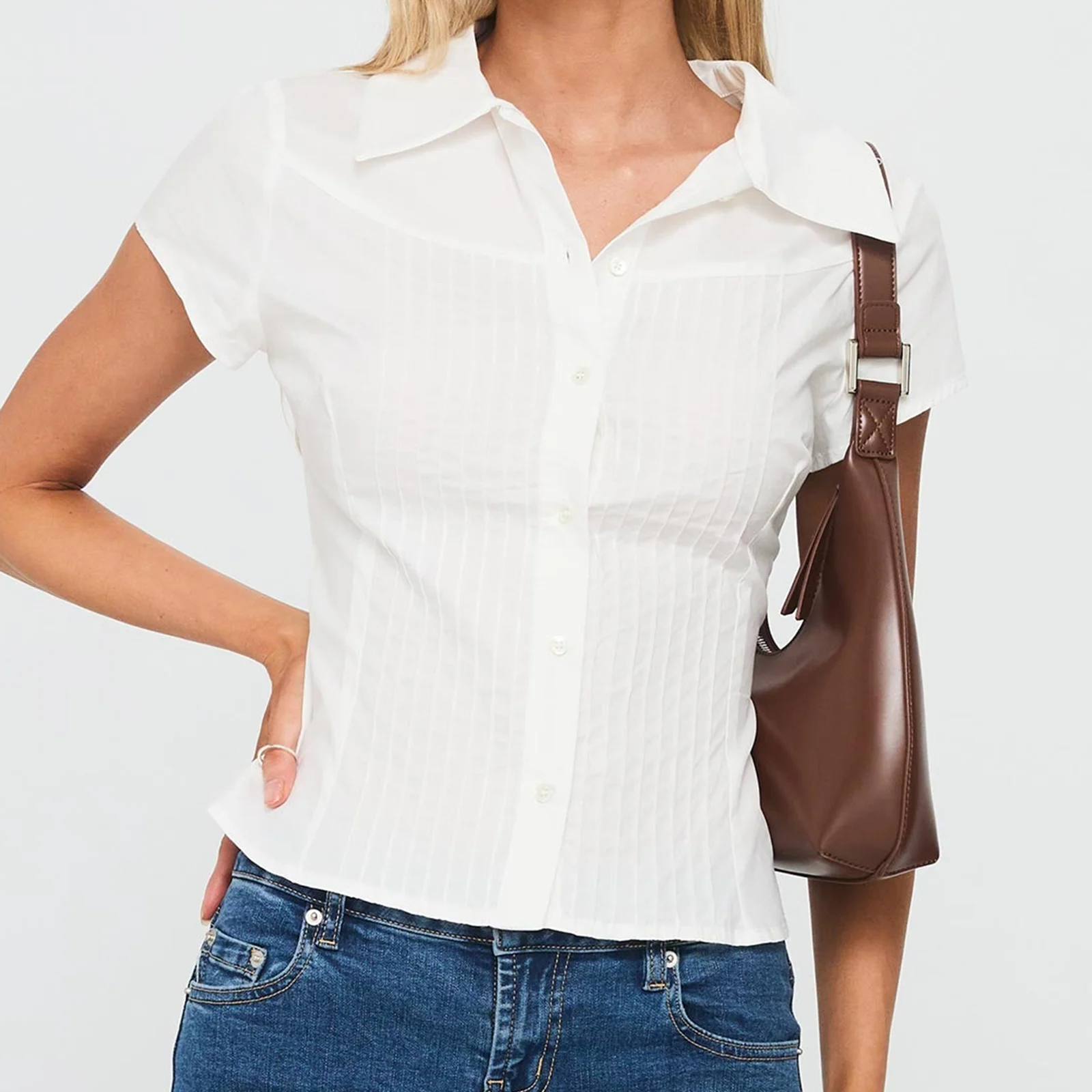 hirigin Pleated Draped Short Sleeve Shirts Women Solid Laple Single Breasted Patchwork Short Top Summer Fashion Female Blouse
hirigin Pleated Draped Short Sleeve Shirts Women Solid Laple Single Breasted Patchwork Short Top Summer Fashion Female Blouse