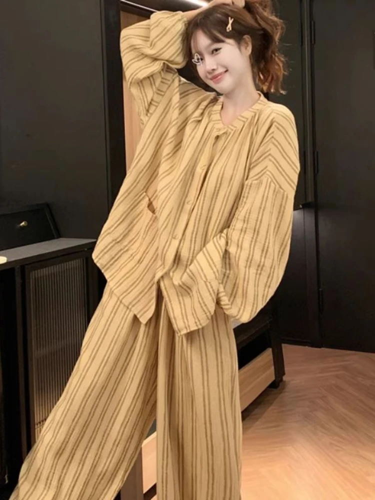 Spring and Autumn Hot Girl Long Sleeve Long Pants Pajama Set Simple Loose Casual Striped Cute Sweet Home Clothes Two Piece Set
Spring and Autumn Hot Girl Long Sleeve Long Pants Pajama Set Simple Loose Casual Striped Cute Sweet Home Clothes Two Piece Set