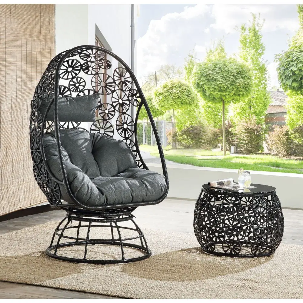 Hikre Clear Glass, Charcoal Fabric & Black Wicker Patio Lounge Chair & Side Table
Hikre Clear Glass, Charcoal Fabric & Black Wicker Patio Lounge Chair & Side Table