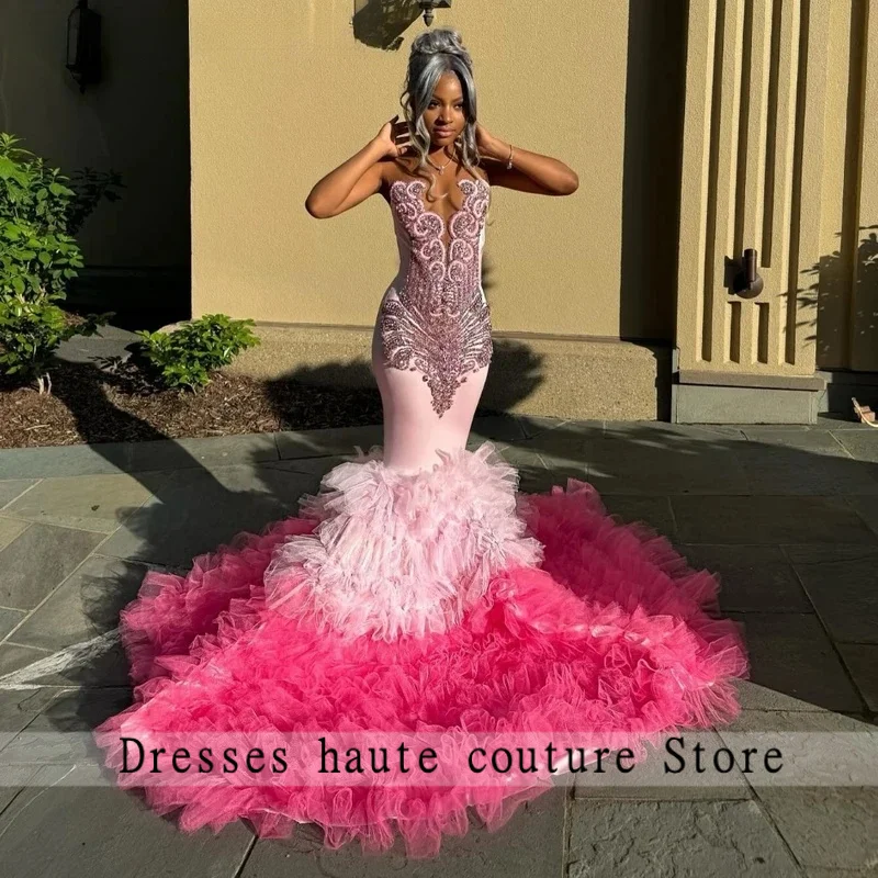 Customized Sexy Pink Tiered Ruffles Prom Dress 2026 Black Girls Crystal Rhinestone Diamond Mermaid Party Evening Gowns
Customized Sexy Pink Tiered Ruffles Prom Dress 2026 Black Girls Crystal Rhinestone Diamond Mermaid Party Evening Gowns