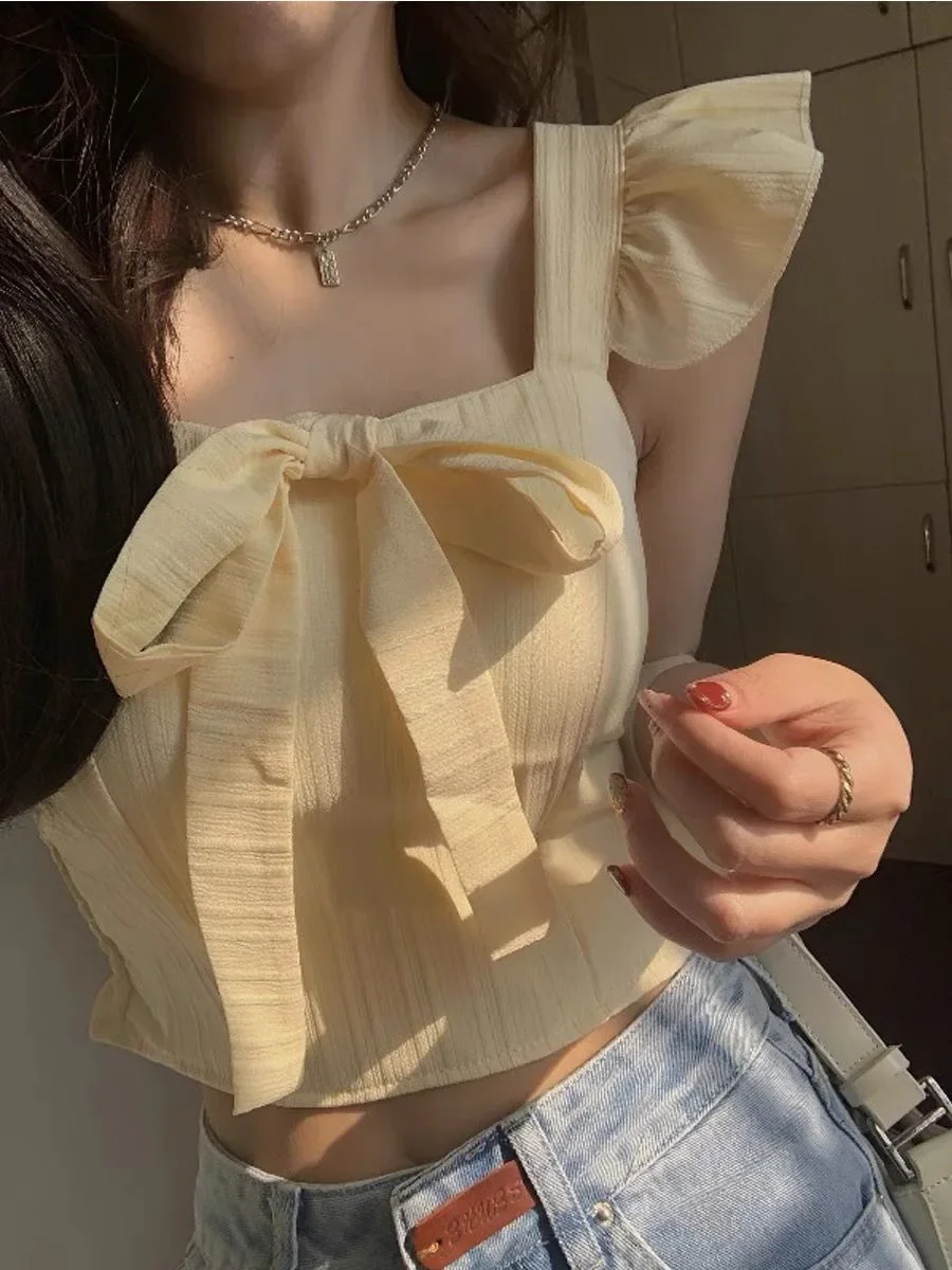 Summer Solid Ruffled Camis Women Square Neck Sleeveless Bow Elastic Waist Strap Top Ladies Sweet Korea Short Tank top
Summer Solid Ruffled Camis Women Square Neck Sleeveless Bow Elastic Waist Strap Top Ladies Sweet Korea Short Tank top