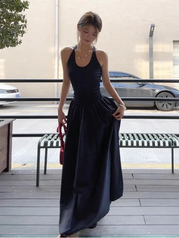 Summer New Style Women's Long Dress Sleeveless A-Line High Waist Korean Commute Style Hanging Neck Strap Dress Dark Blue
Summer New Style Women's Long Dress Sleeveless A-Line High Waist Korean Commute Style Hanging Neck Strap Dress Dark Blue