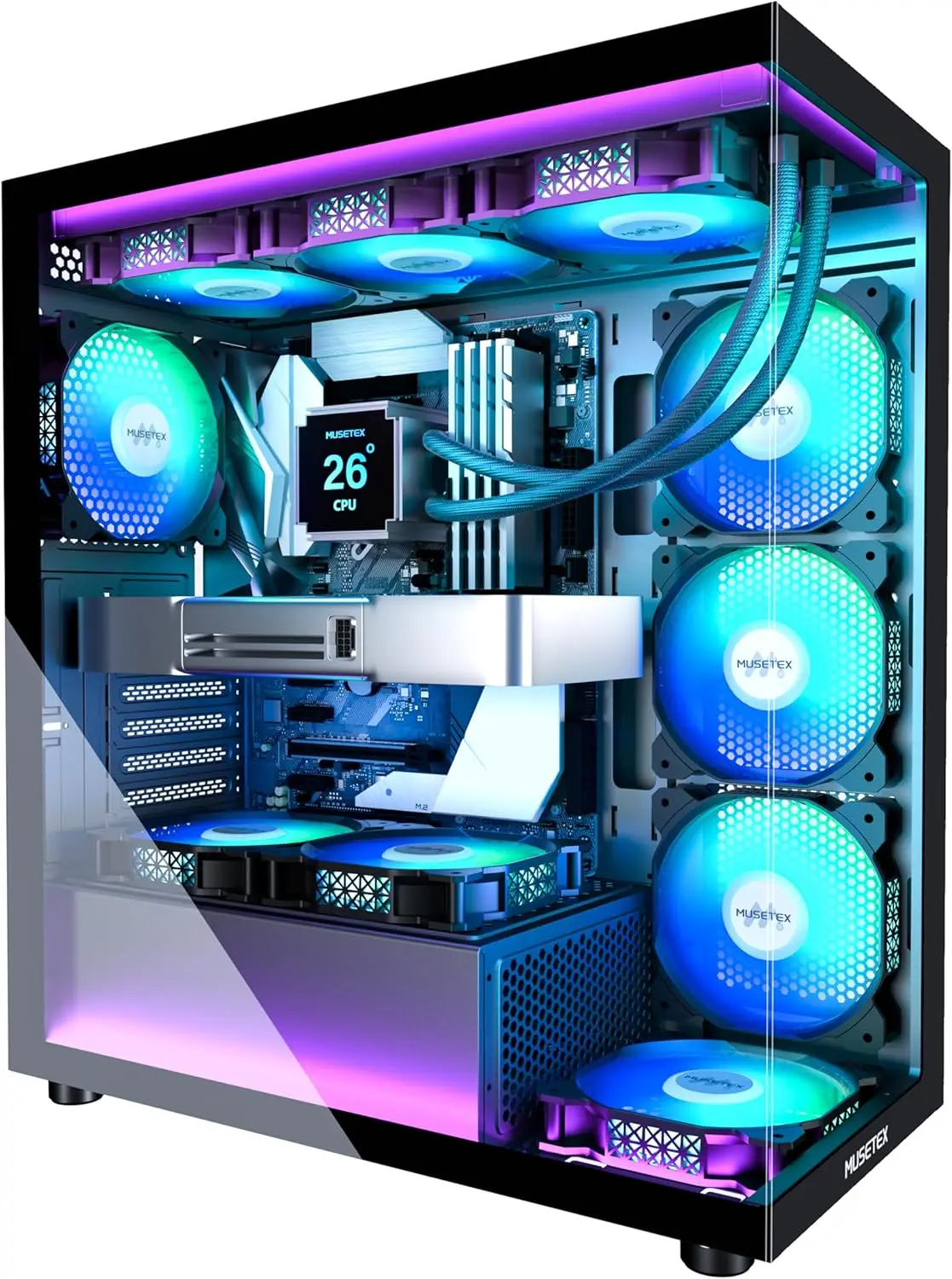 ATX Mid Tower PC Case with 7 PWM ARGB Fans, Type-C, Dual Tempered Glass, Black
ATX Mid Tower PC Case with 7 PWM ARGB Fans, Type-C, Dual Tempered Glass, Black
