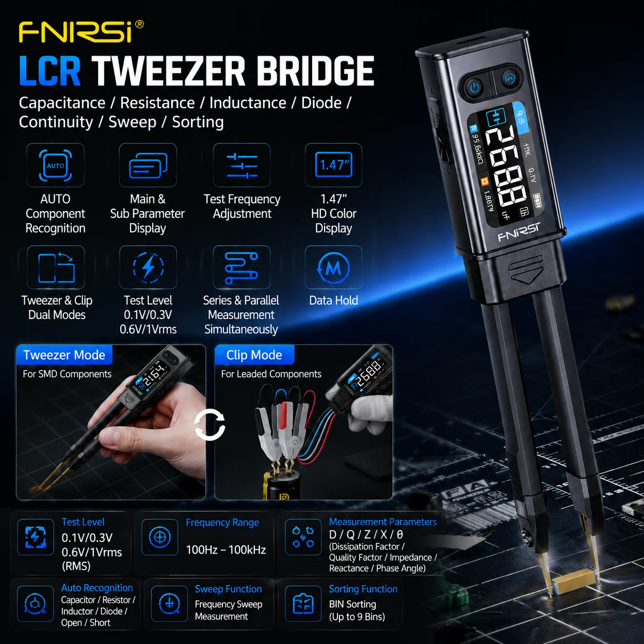 FNIRSI LCR-ST2 2-in-1 Tweezer LCR ESR Meter SMD Tester 30V Kelvin Clip Capacitance Inductance Resistance Diode Continuity
FNIRSI LCR-ST2 2-in-1 Tweezer LCR ESR Meter SMD Tester 30V Kelvin Clip Capacitance Inductance Resistance Diode Continuity