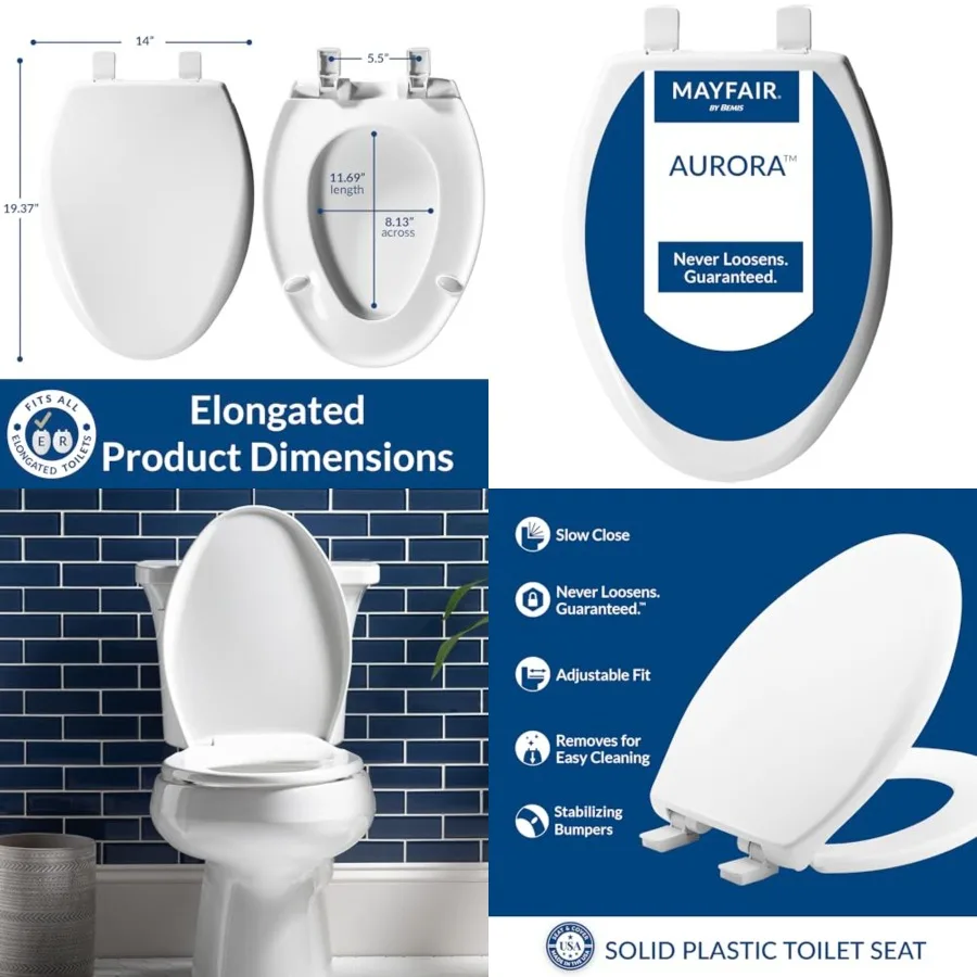 Aurora Slow Close Toilet Seat, Easy Clean Hinges and Adjustable Perfect Fit Plastic Seat, Made in USA,,White
Aurora Slow Close Toilet Seat, Easy Clean Hinges and Adjustable Perfect Fit Plastic Seat, Made in USA,,White