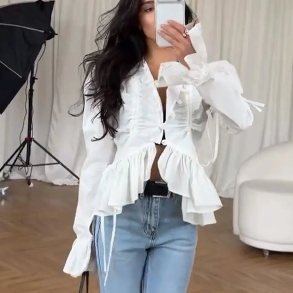 Flare Sleeves Women's Shirt Solid Color Ruffle Hem Single Breasted Shirt Fitted Design Drawstring Long Sleeve Shirt
Flare Sleeves Women's Shirt Solid Color Ruffle Hem Single Breasted Shirt Fitted Design Drawstring Long Sleeve Shirt