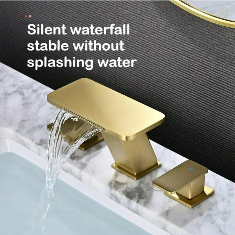 Gold Bathroom Faucet Three Hole Waterfall Basin Sink Mixer Hot Cold Double Handle Vanity Sink Tap
Gold Bathroom Faucet Three Hole Waterfall Basin Sink Mixer Hot Cold Double Handle Vanity Sink Tap