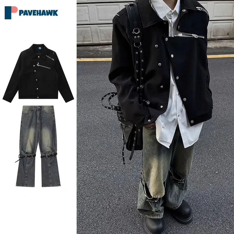 American High Street Set Men Hip Hop Street Suits Oblique Zipper Bomber Jacket+retro Wash Hole Straight Leg Jeans Two Piece Sets
American High Street Set Men Hip Hop Street Suits Oblique Zipper Bomber Jacket+retro Wash Hole Straight Leg Jeans Two Piece Sets