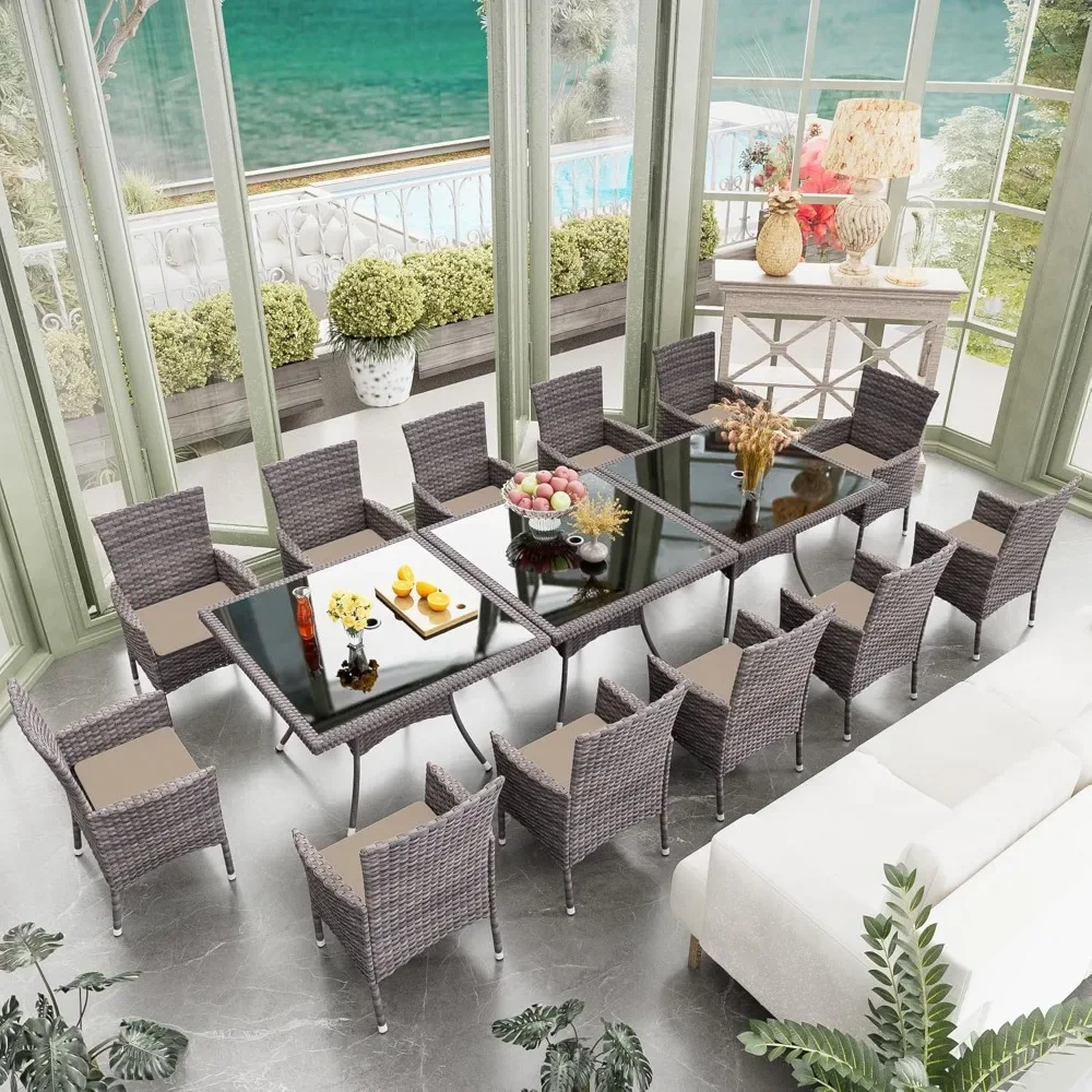 Обеденный набор для патио, 15 предметов, с 3 квадратными стеклянными столерами, 12 стульев с коричневыми подушками, обеденный набор уличной мебели из ротанга
Обеденный набор для патио, 15 предметов, с 3 квадратными стеклянными столерами, 12 стульев с коричневыми подушками, обеденный набор уличной мебели из ротанга