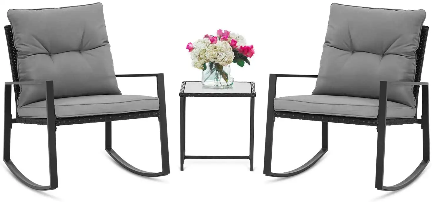 3-Piece Outdoor Patio Rocking Chairs Black Wicker Bistro Set with Glass Coffee Table, Gray
3-Piece Outdoor Patio Rocking Chairs Black Wicker Bistro Set with Glass Coffee Table, Gray