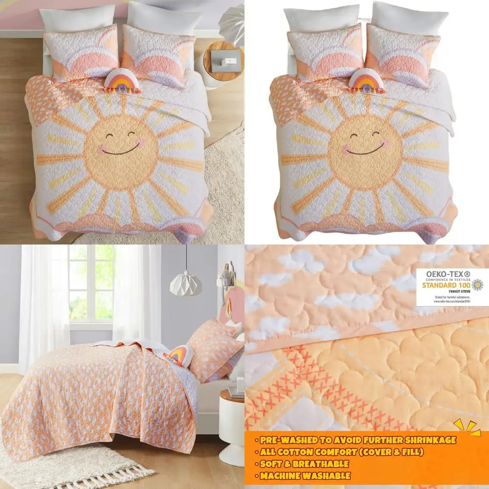 Cotton Twin Quilt Set with Rainbow and Clouds, Reversible, Breathable, Yellow/Coral 3-Piece Bedding for Girls
Cotton Twin Quilt Set with Rainbow and Clouds, Reversible, Breathable, Yellow/Coral 3-Piece Bedding for Girls