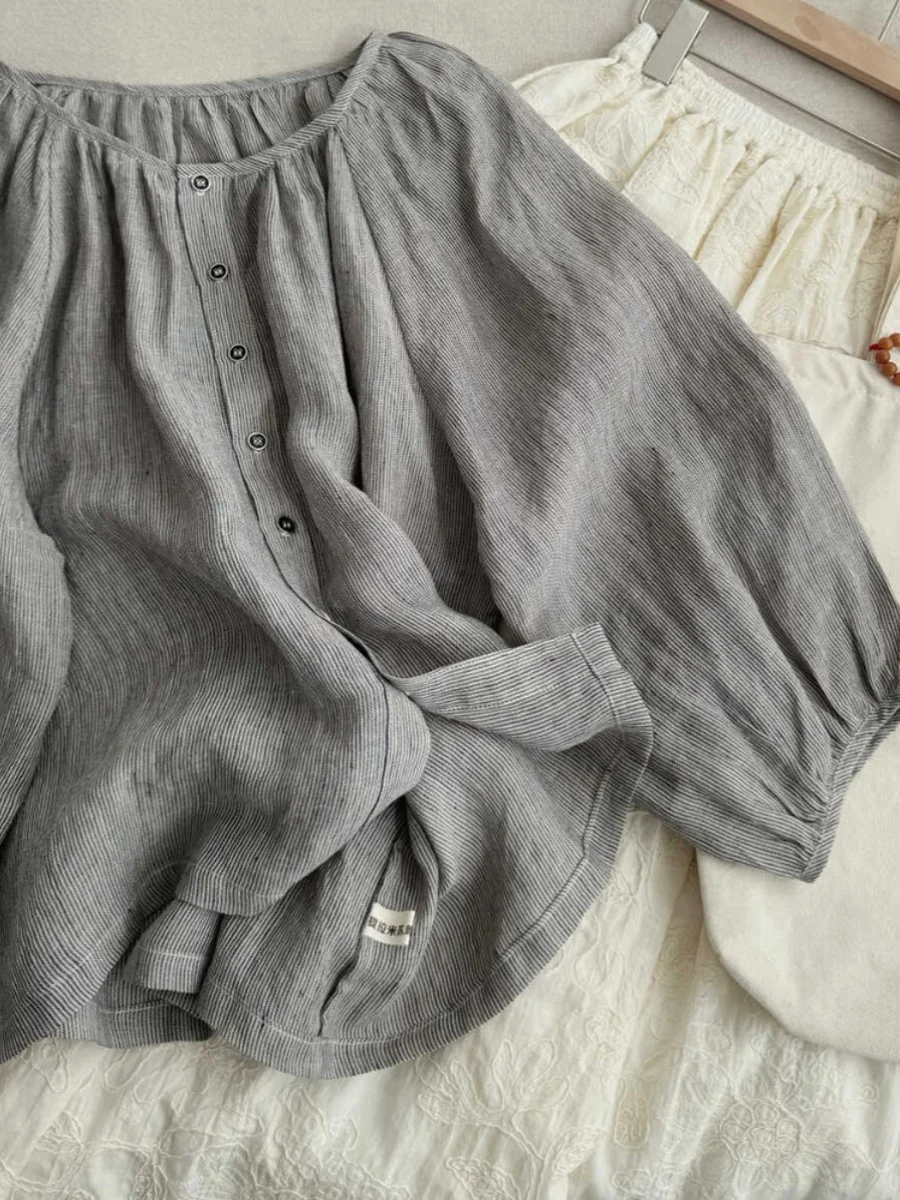 Retro Striped Color Woven Cotton Linen Loose Lantern Sleeve Doll Shirt Women's Casual Style round Neck Button up Top
Retro Striped Color Woven Cotton Linen Loose Lantern Sleeve Doll Shirt Women's Casual Style round Neck Button up Top