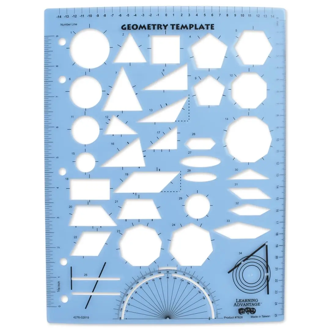 Geometry Template for Drawing 2D Shapes, Measuring Angles with Ruler and Number Line
Geometry Template for Drawing 2D Shapes, Measuring Angles with Ruler and Number Line