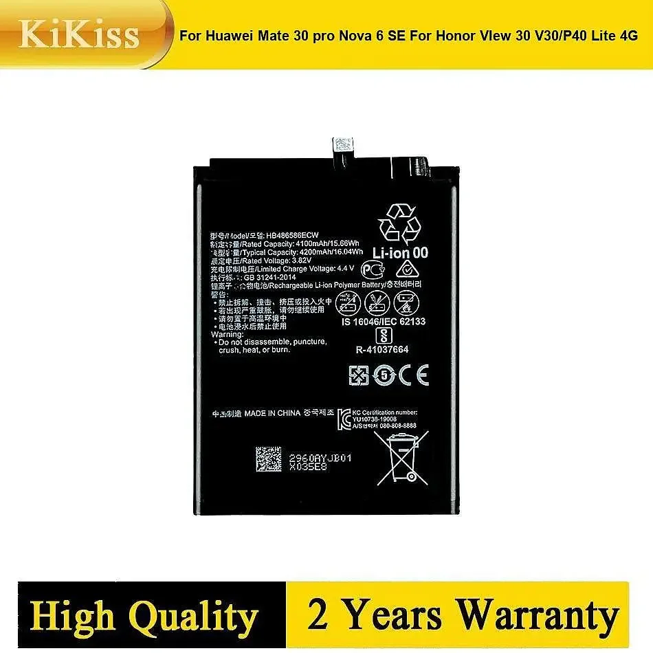 Mobile Phone Battery For Huawei Mate 30 pro Nova 6 SE For Honor VIew 30 V30/P40 Lite 4G JNY-L01A JNY-L02A JNY-LX1 HB486586ECW
Mobile Phone Battery For Huawei Mate 30 pro Nova 6 SE For Honor VIew 30 V30/P40 Lite 4G JNY-L01A JNY-L02A JNY-LX1 HB486586ECW