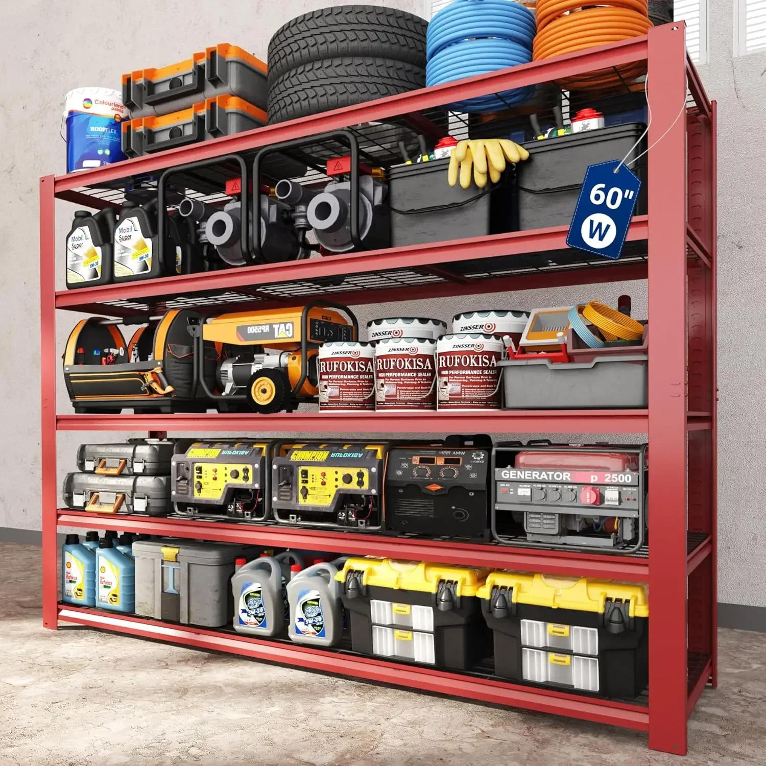 60" W Garage Shelving, 5 Tier Storage Shelves Load 1500LBS, Adjustable Garage Shelving Heavy Duty, Metal Shelves Unit for Baseme
60" W Garage Shelving, 5 Tier Storage Shelves Load 1500LBS, Adjustable Garage Shelving Heavy Duty, Metal Shelves Unit for Baseme