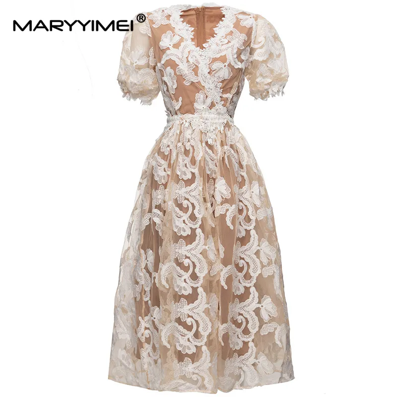 MARYYIMEI Fashion Designer Party Dress Women's White V-Neck High Waist Hollow Out Splice Print Lace Dress
MARYYIMEI Fashion Designer Party Dress Women's White V-Neck High Waist Hollow Out Splice Print Lace Dress
