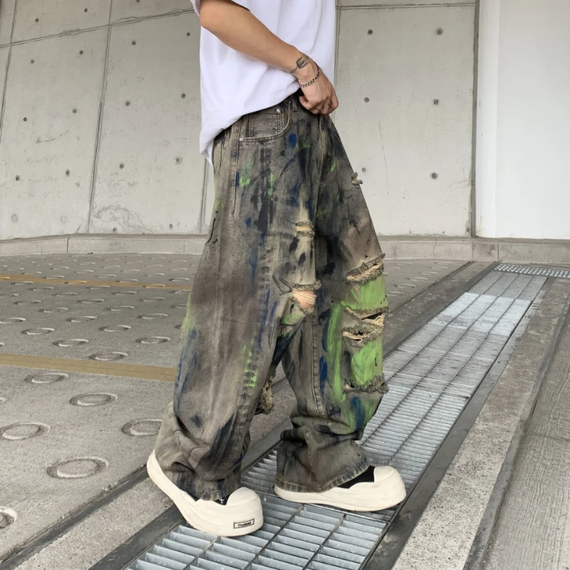 Denim Pant Men Jeans Vintage Wide Leg Long Pants High Waist Distressed Hole Splatter Trousers Y2k Streetwear Dirty Casual Spring
Denim Pant Men Jeans Vintage Wide Leg Long Pants High Waist Distressed Hole Splatter Trousers Y2k Streetwear Dirty Casual Spring