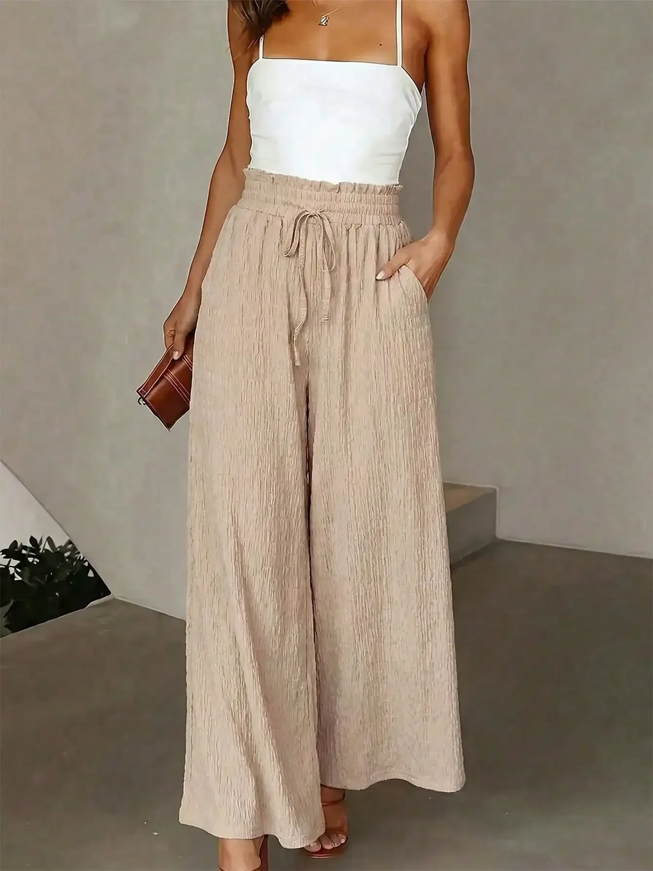 Women High Waisted Wide Leg Palazzo Pants With Elastic Waist Drawstring And Side Pockets
Women High Waisted Wide Leg Palazzo Pants With Elastic Waist Drawstring And Side Pockets