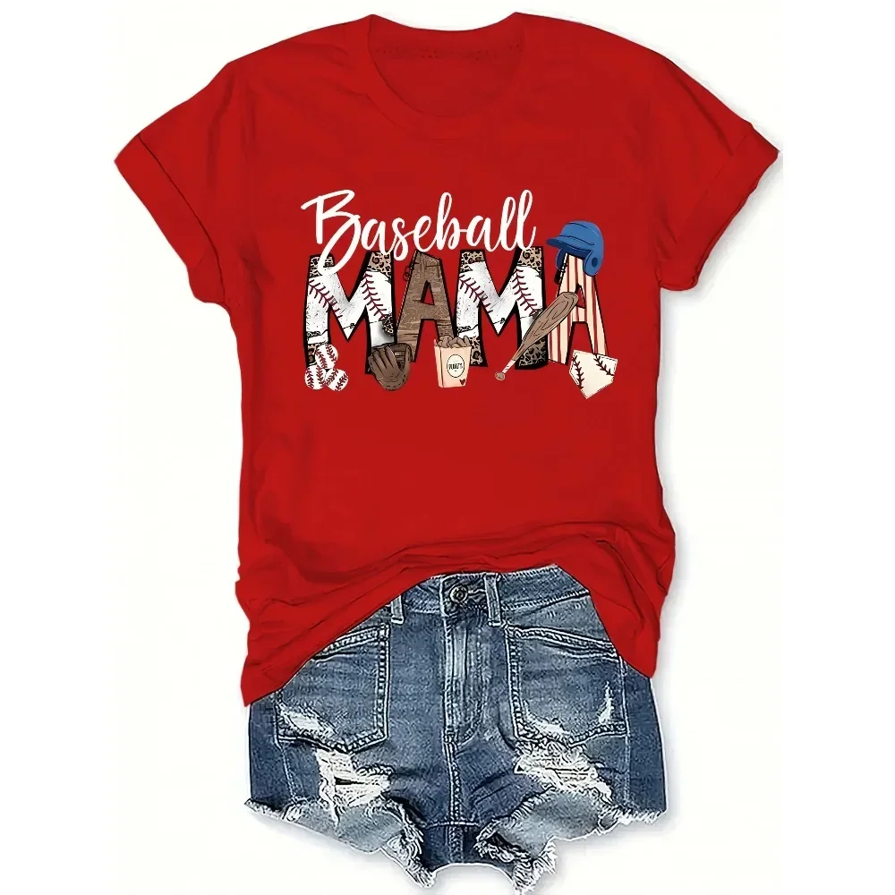 Women's Baseball Mom T-Shirt - Short Sleeve Round Neck Casual Blouse Top with Baseball Bat & Print, Spring Summer Outfit
Women's Baseball Mom T-Shirt - Short Sleeve Round Neck Casual Blouse Top with Baseball Bat & Print, Spring Summer Outfit