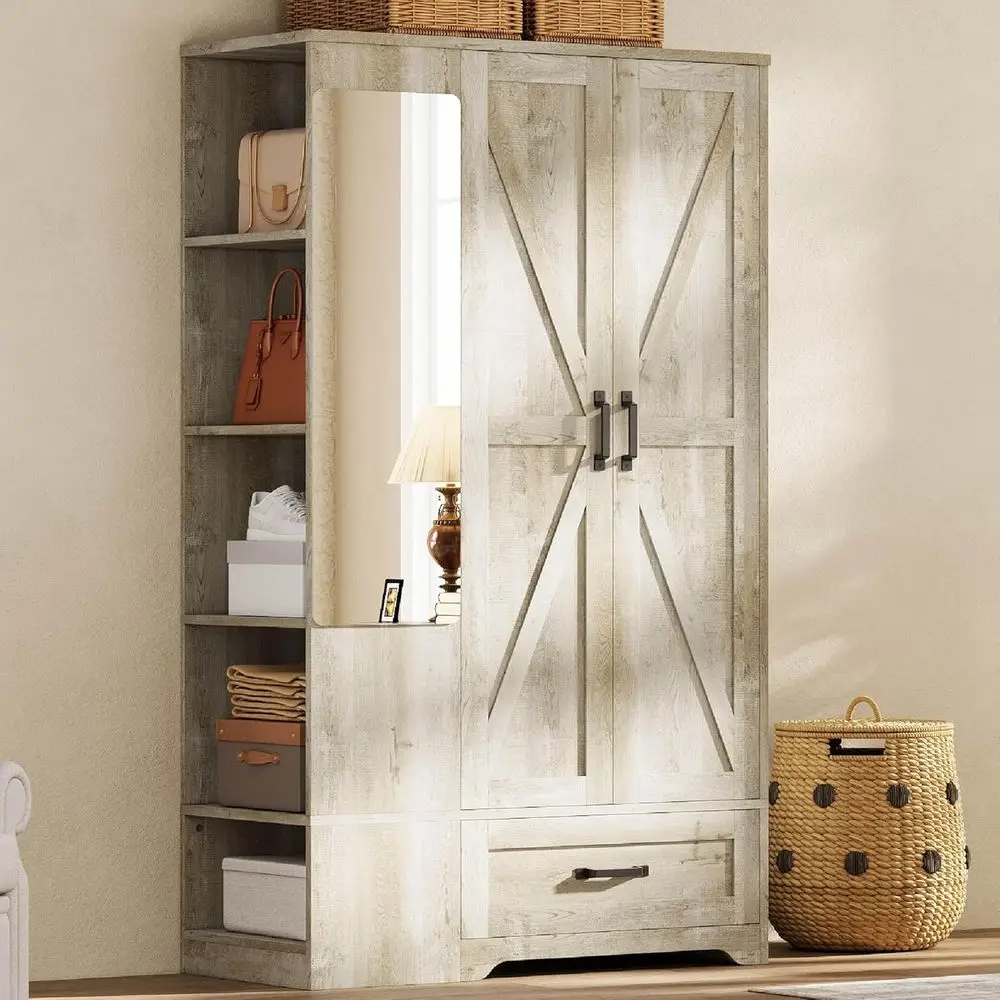 70 Large Rustic Maple Wooden Wardrobe with Mirror, 2 Doors, Drawers, and Shelves
70 Large Rustic Maple Wooden Wardrobe with Mirror, 2 Doors, Drawers, and Shelves