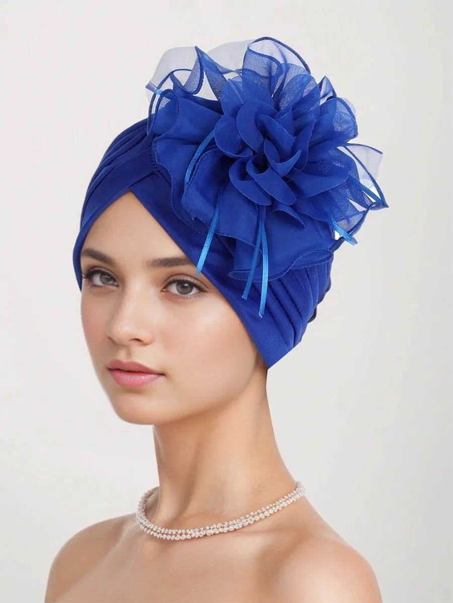 Womens Elegant Blue Chiffon Floral Turban Hat With Ribbon Decoration
Womens Elegant Blue Chiffon Floral Turban Hat With Ribbon Decoration