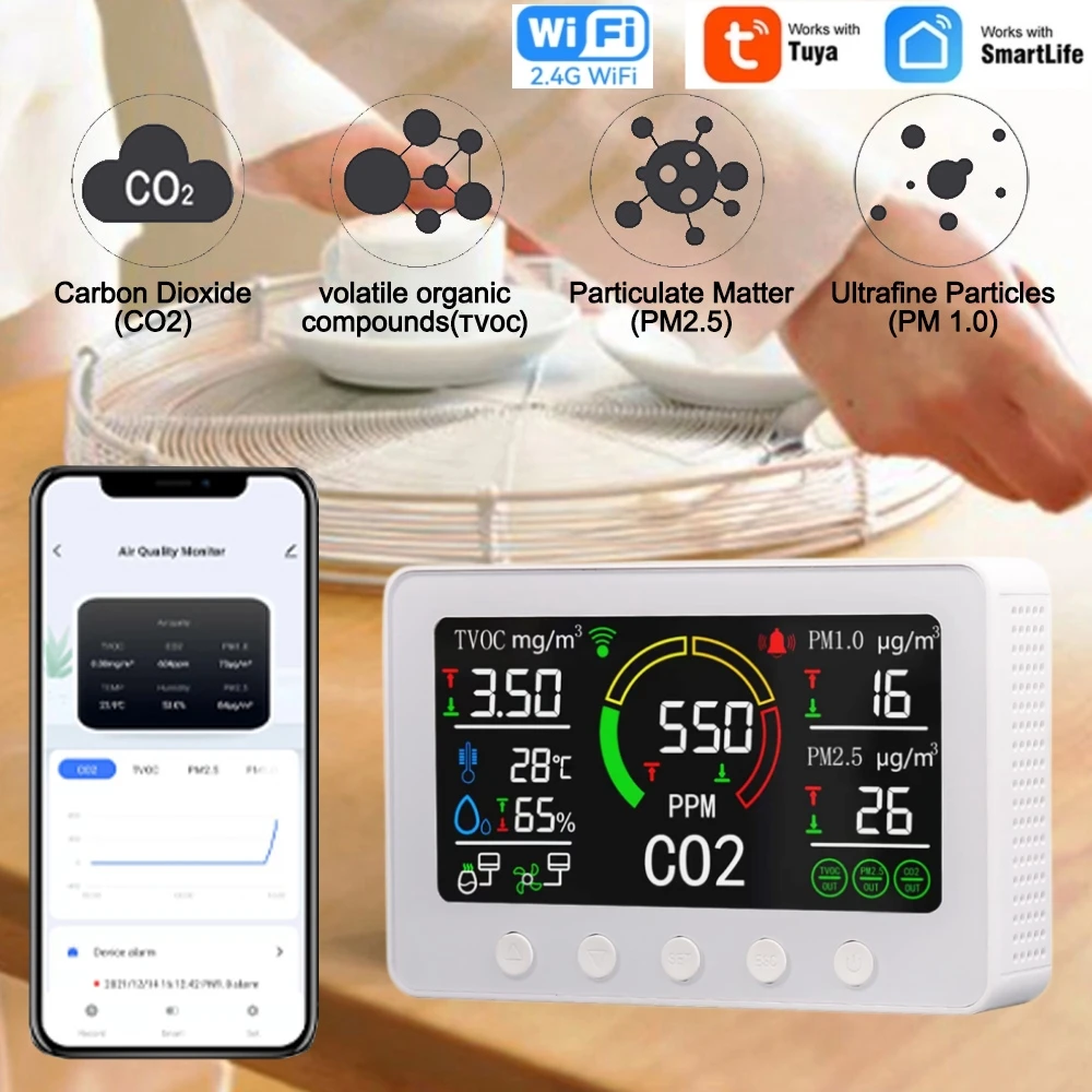 Tuya Wi-Fi Smart Air Quality Monitor CO2 PM2.5 PM1.0 TVOC Formaldehyde Detector Temperature Humidity Accurate NDIR CO2 Sensor
Tuya Wi-Fi Smart Air Quality Monitor CO2 PM2.5 PM1.0 TVOC Formaldehyde Detector Temperature Humidity Accurate NDIR CO2 Sensor