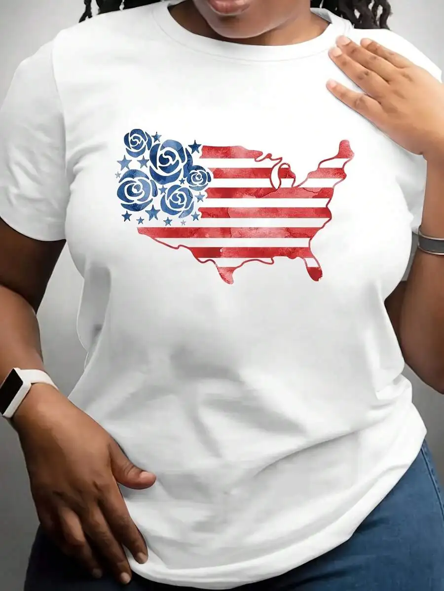 Plus Size Casual T-Shirt USA Map With Blue Roses Patriotic Design For Women Summer
Plus Size Casual T-Shirt USA Map With Blue Roses Patriotic Design For Women Summer