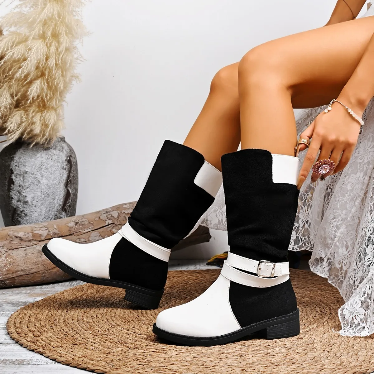 Women's Color Blocked and Velvet Sleeve Mid length Boots Autumn New Style Large Belt Buckle Knight Boots Women's British Style
Women's Color Blocked and Velvet Sleeve Mid length Boots Autumn New Style Large Belt Buckle Knight Boots Women's British Style