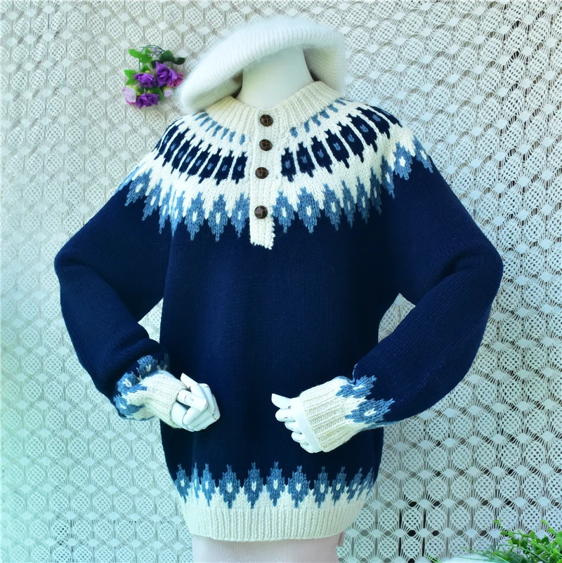 Women Vintage Fair Isle Wool Sweater Henry Collar Button Pullover Thick Warm Jacquard Knit Jumper Loose Oversized Long Sleeve Wi
Women Vintage Fair Isle Wool Sweater Henry Collar Button Pullover Thick Warm Jacquard Knit Jumper Loose Oversized Long Sleeve Wi