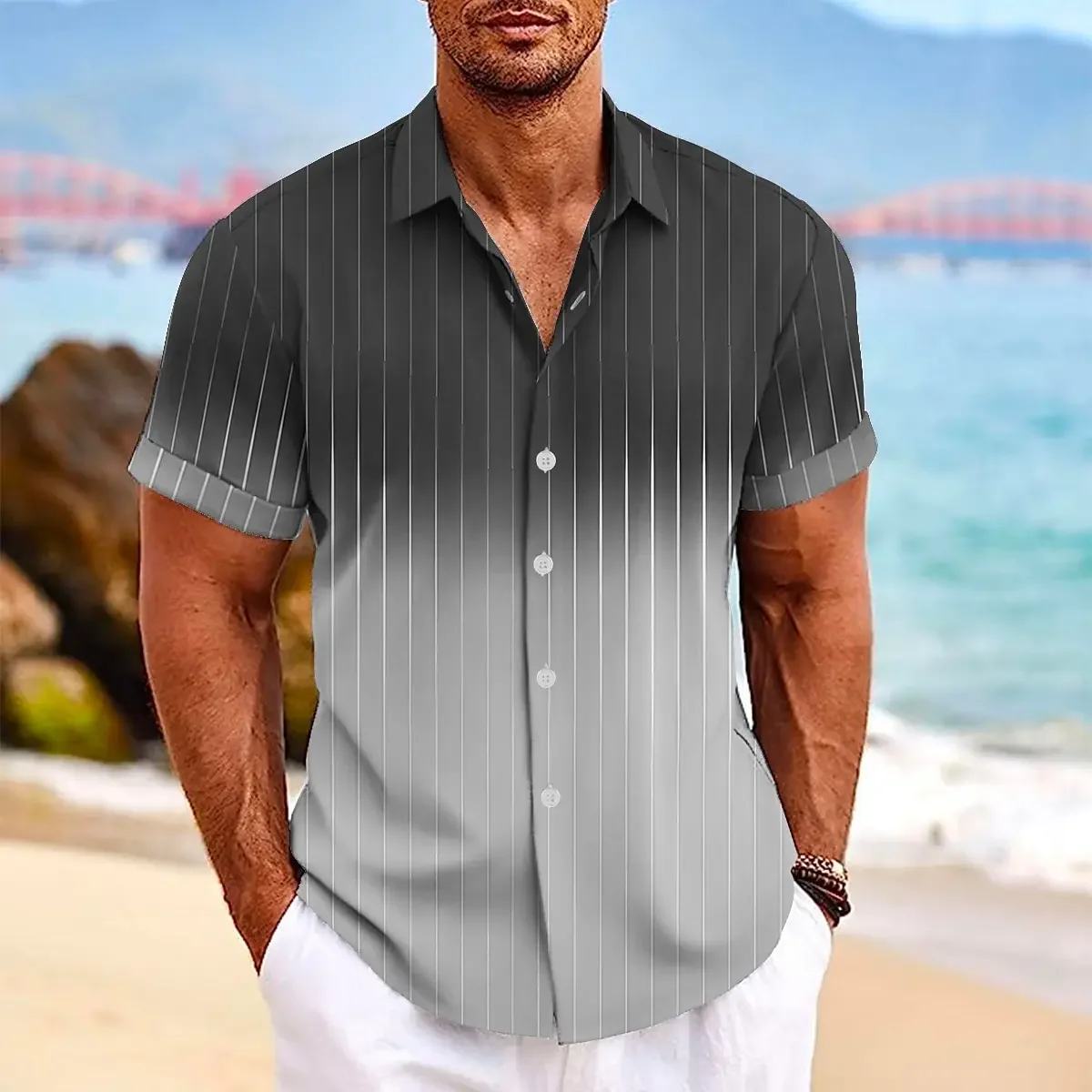 Men's Gradient Striped Printed short-sleeved Shirt 3D Casual Fashion Lapel Top Simple And Handsome Hawaiian
Men's Gradient Striped Printed short-sleeved Shirt 3D Casual Fashion Lapel Top Simple And Handsome Hawaiian